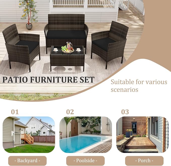 4 Piece Patio Furniture Set, Sectional Conversation Sofa Set with Glass Coffee Table, Cushions & Loveseat, Wicker Outdoor Table and Chairs for Pool, Garden, Deck, Backyard (1, Black)