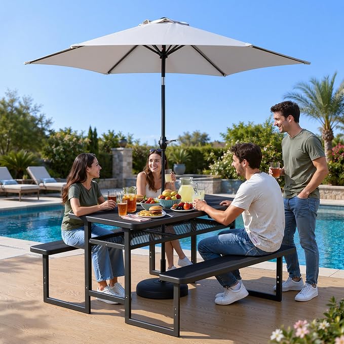 VINGLI Outdoor Picnic Table with Storage Shelf & Umbrella Hole, 4.5FT All Weather Metal Frame HDPE Tabletop Plastic Picnic Table for Dining Party Garden(Black)