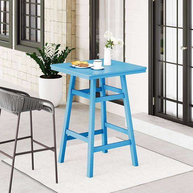 WestinTrends Malibu Square Outdoor Patio Bistro Bar Table with Umbrella Hole 42" Tall, Pacific Blue
