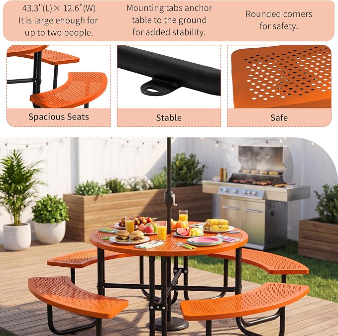 46" Outdoor Round Perforated Picnic Table Metal Camping Table with Umbrella Hole - Heavy Duty Steel Mesh Picnic Bench Set for Backyard Garden Deck, Orange