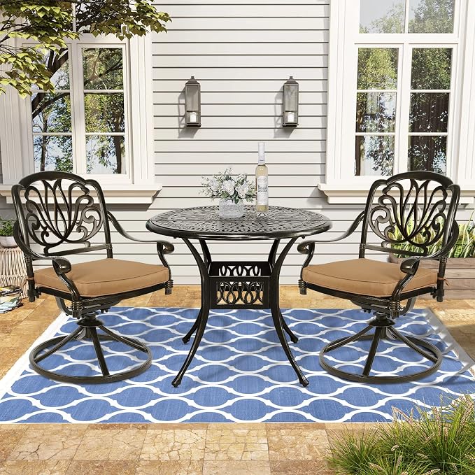 VIVIJASON 3-Piece Patio Furniture Dining Set, Outdoor All-Weather Cast Aluminum Bistro Set, Include 2 Swivel Chairs and 35.4" Round Table w/Umbrella Hole for Balcony, Lawn, Garden, Antique Bronze