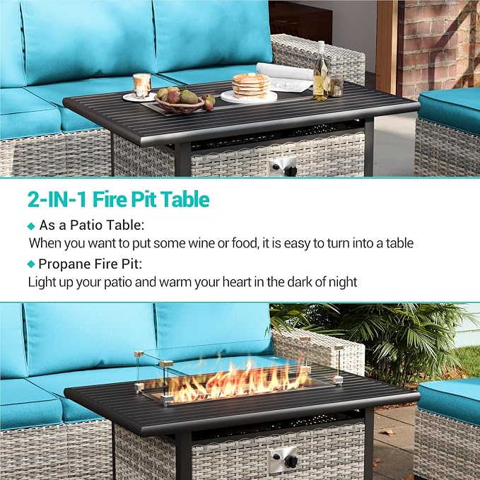 13-Piece Outdoor Patio Furniture Set with 55,000 BTU Fire Pit Table, PE Wicker Rattan Sectional Sofa Patio Conversation Set with Thickened Cushions & Coffee Table, Turquoise