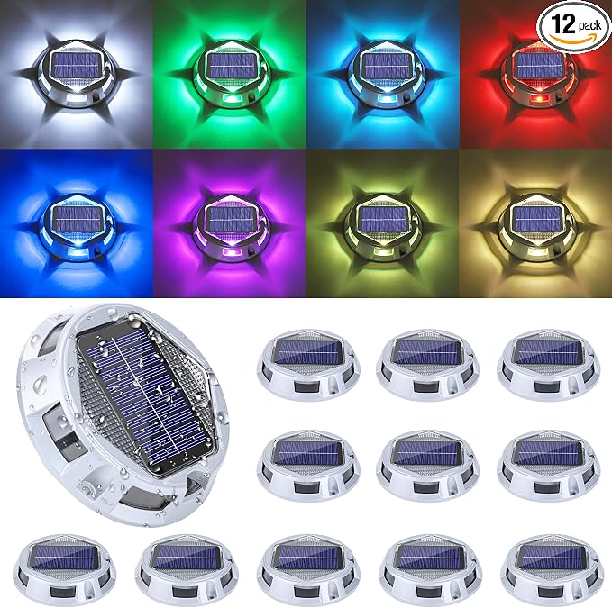 Solar Deck Light Outdoor, 12 Pack 9 Colors in 1 Solar Driveway Dock Lights, IP67 Waterproof Solar Powered Outdoor Light, RGB Step Lights for Outside Garden Yard Fence Stair Sidewalk Pathway Walkway