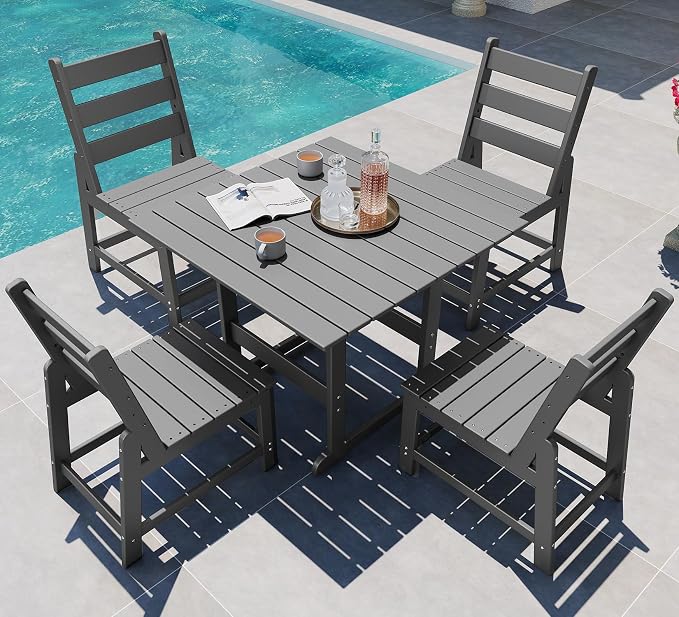 GREENVINES 5-Piece-Outdoor-Dining-Set | HDPE | Square | Patio Furniture | All Weather | Armless Chair | Slatted Table and Chairs Sets for 4 | for Backyard Poolside Garden | Grey