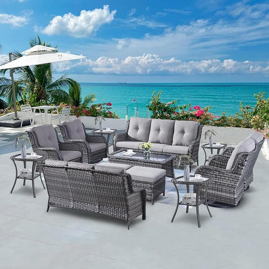 Belord 13 Piece Wicker Patio Furniture Set, Outdoor Swivel Rocker Chairs Set of 4 with Ottomans and Rattan Couch, All Weather Patio Conversation Furniture Set, for Pool,Yard Gray Wicker/Gray