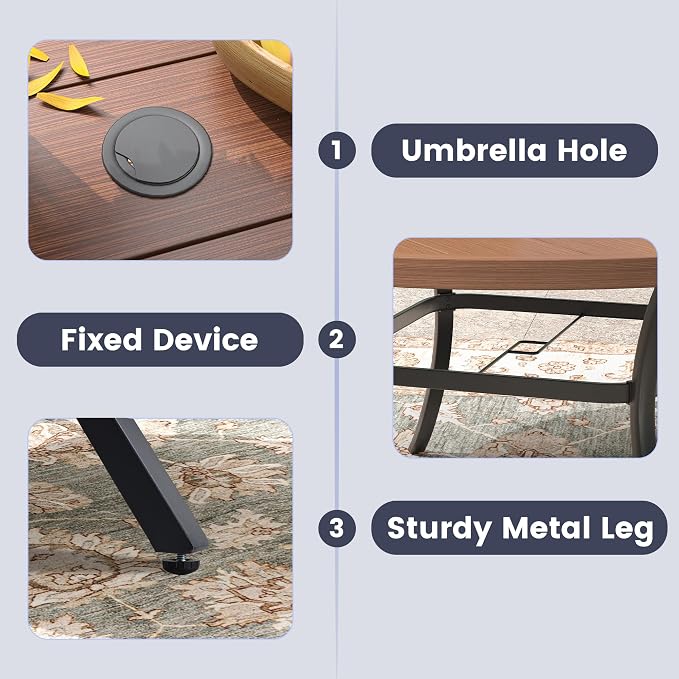 VICLLAX 63" Round Patio Table, Outdoor Dining Table for 8-10 with Umbrella Hole for Garden Lawn Deck Backyard, Walnut
