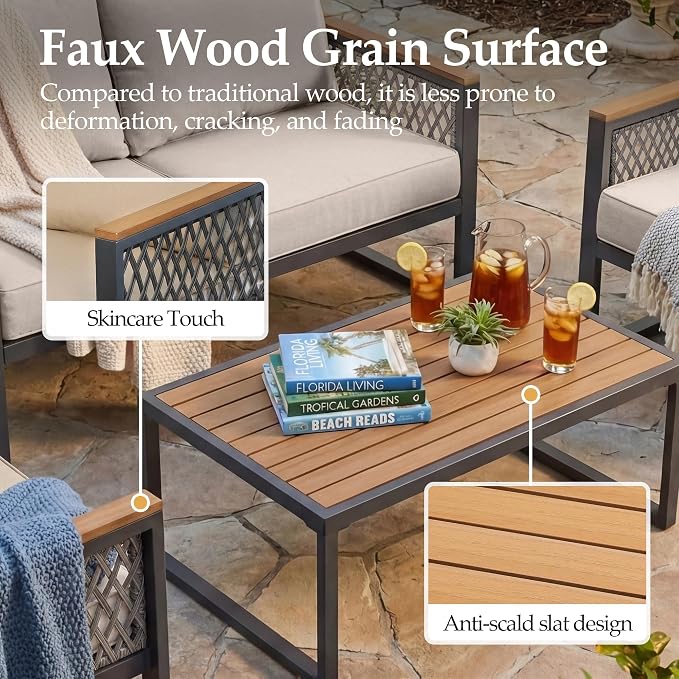 UPHA 7 Pieces Patio Furniture Set with 56" Propane Gas Fire Pit Table, Metal Outdoor Sectional Couch Set with Loveseat & 3-Seat Sofa, Modern Patio Conversation Set for Porch Balcony Deck, Beige