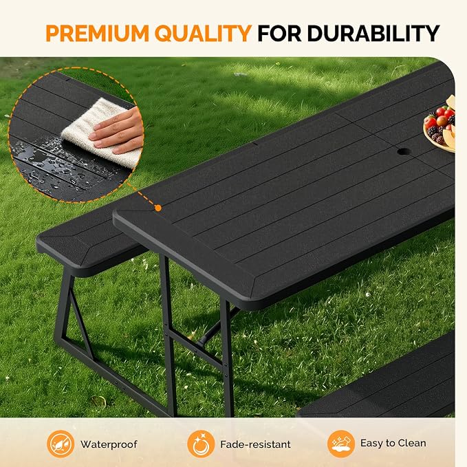 VINGLI Outdoor Picnic Table with Umbrella Hole, 6FT All Weather Metal Frame HDPE Tabletop Plastic Picnic Table for Dining Party Garden(Black)