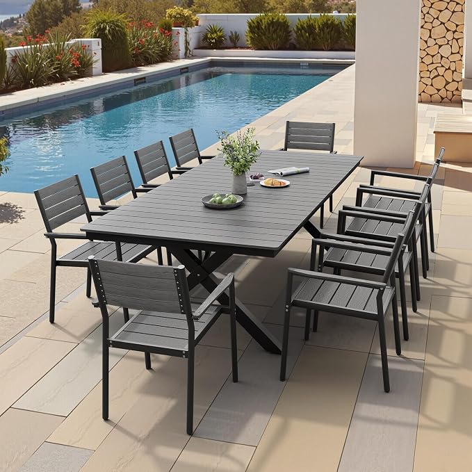 Pellebant 94" Outdoor Dining Table for 8-10, 8ft Aluminum Patio Table with Umbrella Hole, Weather Resistant Grey Wood Grain Tabletop and Sturdy Frame for Deck, Porch, Backyard
