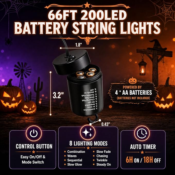 Purple Battery Operated String Lights 66FT 200LED with Remote Timer | Halloween Fairy Lights Waterproof 8 Modes with Memory Indoor Outdoor Decor for Party Bedroom Holiday