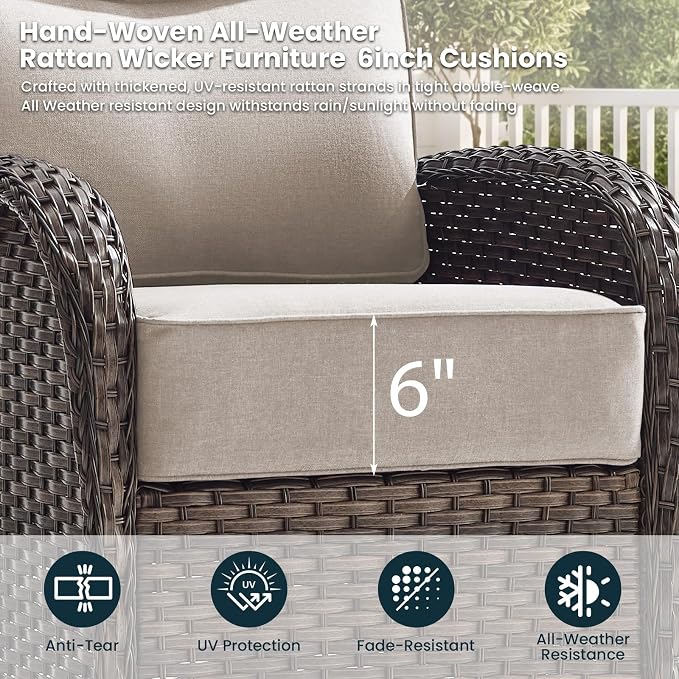 High Back Luxury Patio Furniture Set with 6-inch Thick Cushion, Swivel Rocker Patio Chairs with Outdoor Couch, 6 Piece Wicker Conversation Set for Deck Yard Garden Balcony Beige Cushion