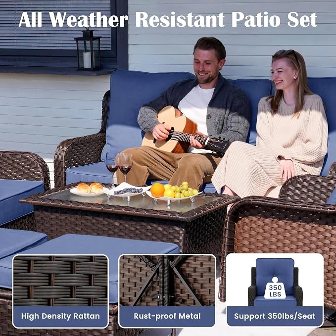 Sundale Outdoor 7 Piece Wicker Patio Furniture Set, High Back Outdoor Couch with Swivel Chairs, Ottoman & Coffee Table, 6" Thick Cushion Patio Conversation Sets with Deep Seating for Yard, Deck (Blue)