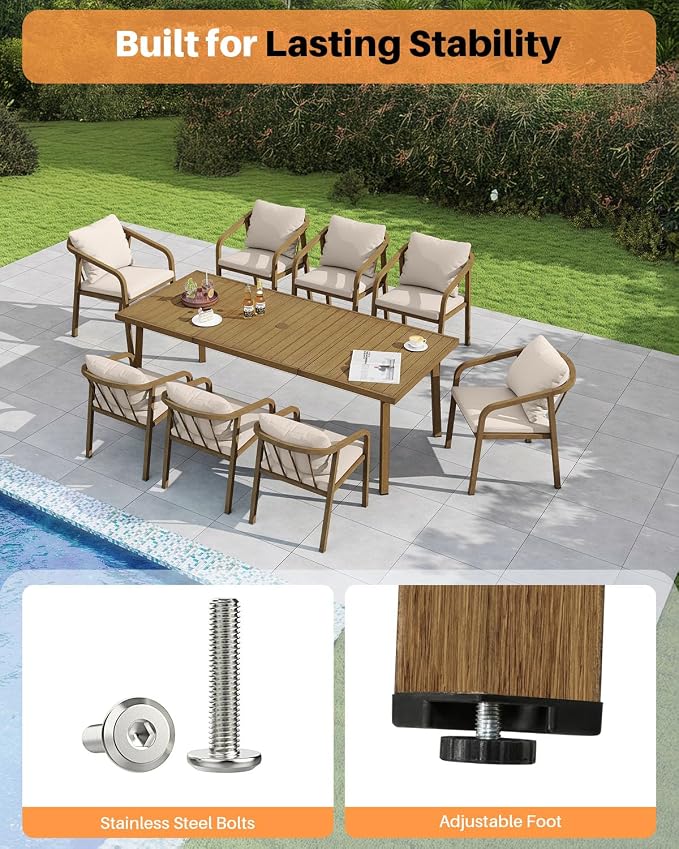Outdoor Dining Table for 8, Never-Rust Aluminum Patio Dining Table, 82"×35" Large Rectangle Patio Table with Umbrella Hole, Outdoor Table with Wood-Like Texture for Commercial, Backyard, Teak