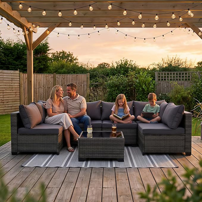 7 Piece PE Rattan Sectional Patio Furniture Set, Gray | All Weather Outdoor Conversation Sofa Set with Coffee Table & Thick Cushions, Ideal for Backyard Porch Garden