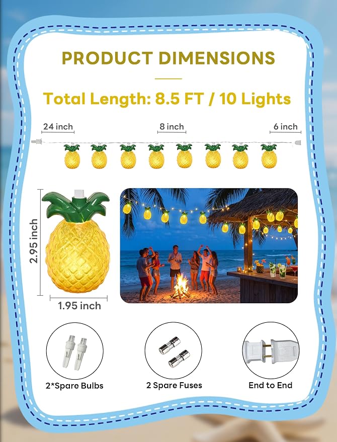 Abeja Summer String Light, 8.5Ft Pineapple Fairy Lights with 10 Pineapple Fun Patio Lights, Outdoor Indoor Party Lights for Party Bedroom Home Birthday Hawaiian Tropical Tiki Gifts Decor