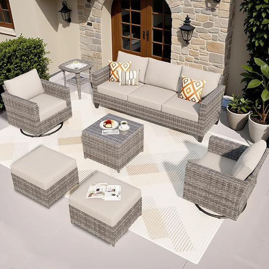 ovios 7 Pieces Patio Furniture Set, Outdoor Wicker Sofa with Rocking Swivel Chairs, Coffee Table, High Back Grey Rattan Conversation Set for Backyard Deck Porch, Beige