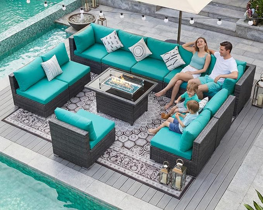 BULEXYARD 11 Piece High Back Patio Furniture Set with Fire Pit Table, Large Comfy Deep Wide Seat Outdoor Sectional Sofa, All-Weather Wicker Modular Conversation Couch 10-Seats for Outside, Grey & Teal