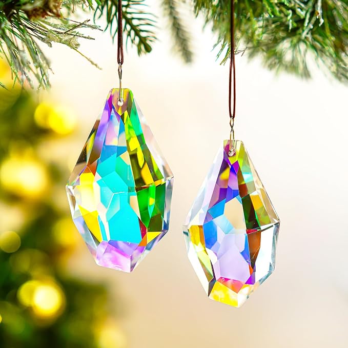 2 Pcs 3.5 Inch AB Crystal Prism Suncatcher Window Decor | AB Colored Crystal Prism Suncatcher Rainbow Maker Hanging Pendants Set of 2 for Window Garden Home Office Wedding Decor Gift
