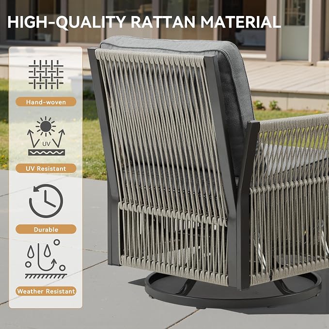 Patio Furniture Set Outdoor/Indoor, Wicker Patio Sofa, 3pcs Furniture Set with Swivel Rocker Chairs and Side Table for Backyard, Garden, Poolside(Grey)