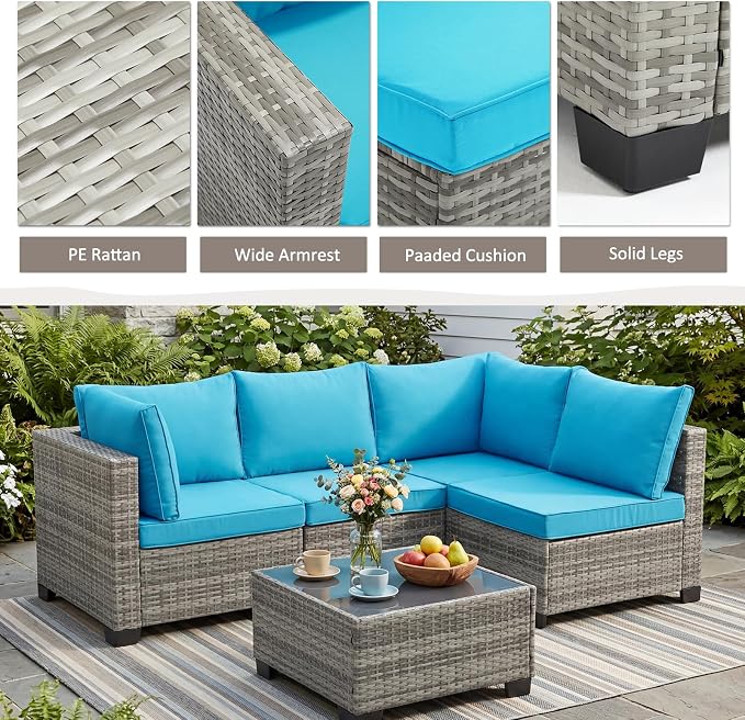 ANJ 3 Piece Outdoor Wicker Patio Furniture Set, Modular Loveseat Sofa with with Glass Top Coffee Table, All-Weather Rattan Conversation Couch Set for Balcony, Backyard, Light Grey Wicker-Turquoise