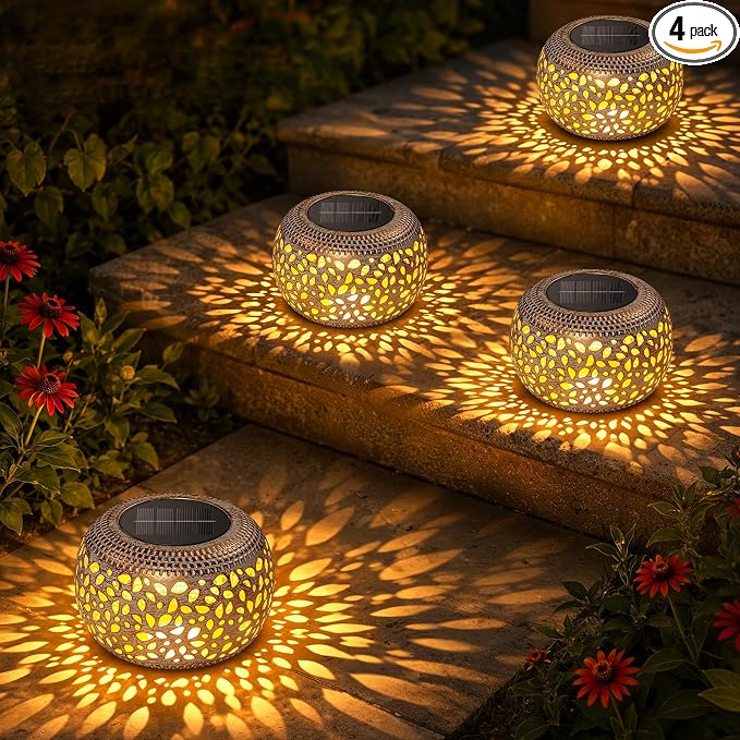 Solar Lanterns Outdoor Waterproof, 4 Pack Flower Petal Solar Garden Lights with 2 Lighting Colors, Vintage Metal Outdoor Patio Garden Decor - Unique Gifts for Women Mom Sisters Birthday