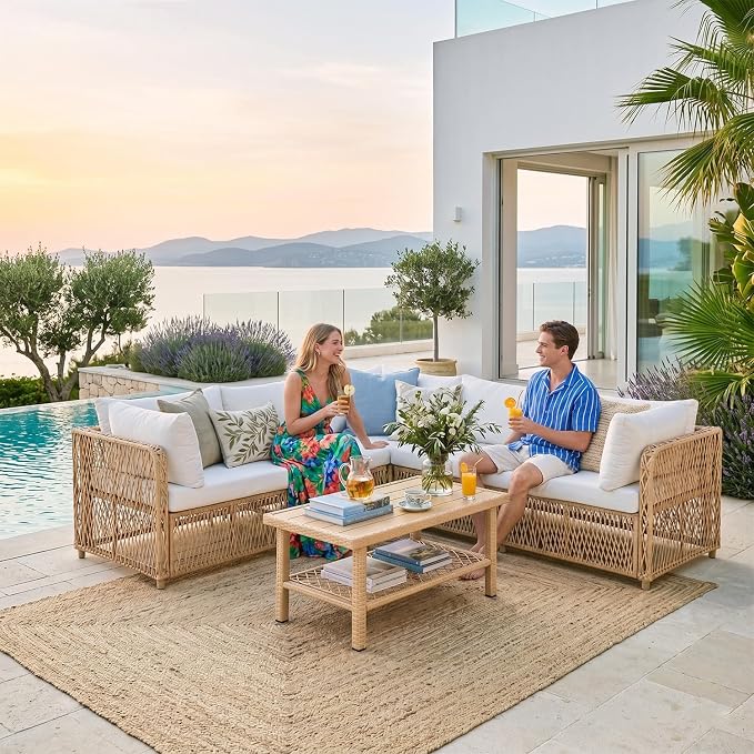 ABCASA Patio Sectional Furniture Set with Waterproof Cover, Oversized Wicker Outdoor Furniture Set w/Water-Resistant Fabric & Thick Cushions, L Shaped Patio Conversation Set for Poolside Yard,Beige