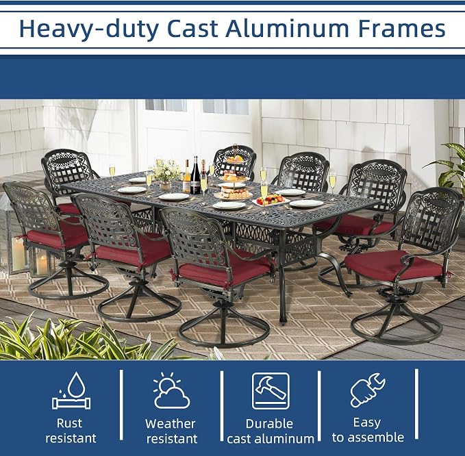 9-Piece Patio Cast Aluminum Dining Set, Outdoor Table and Chairs Set for 8, Includes 94.5" Rectangular Dining Table and 8 Swivel Rocker Chairs with Umbrella Hole for Lawn Garden, Red