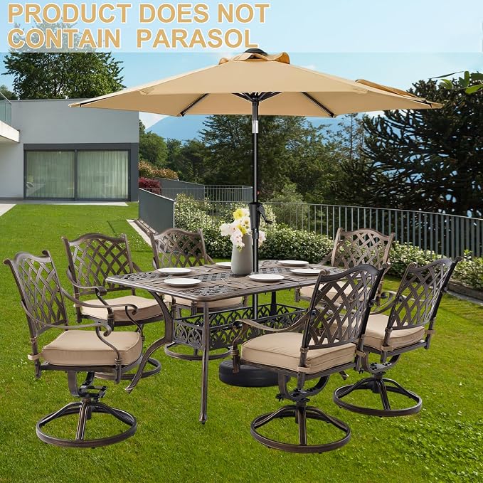 7-Piece Cast Aluminum Outdoor Table and Chairs, Antique Bronze Patio Dining Set for 6 Include 60" Rectangular Outdoor Dining Table and 6 Swivel Chairs with Removable Cushion and Umbrella Hole