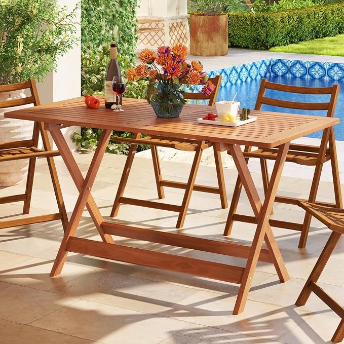 Outdoor Dining Table, Solid Wood Long Outdoor Tables with 2" Umbrella Hole & X-Shaped Support Legs, Patio Table for Porch Balcony Deck Garden Yard, Teak Oil Finish