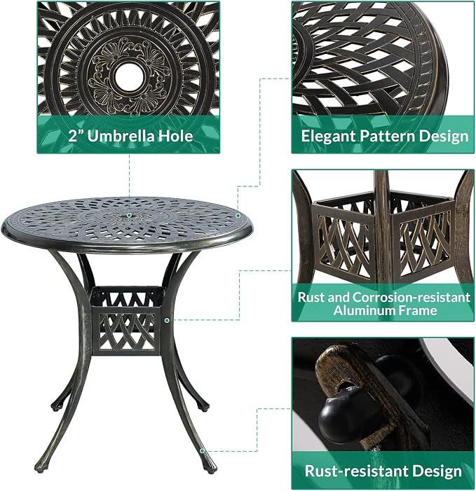 VIVIJASON 3-Piece Patio Bistro Set, All-Weather Cast Aluminum Outdoor Furniture Dining Set, Include 2 Chairs and 31" Round Table w/Umbrella Hole for Balcony, Lawn, Garden, Backyard, Antique Bronze