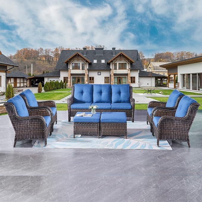 Rilyson Wicker Patio Furniture Set - 7 Piece Rattan Outdoor Sectional Conversation Sets with 1 Sofa,4 Armrest Chairs and 2 Ottomans for Porch Deck Garden(Brown/Blue)