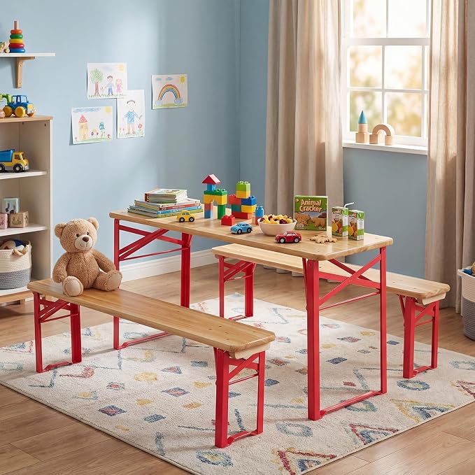 Costzon Kids Picnic Table, 43.5 Inch Folding Picnic Table with 2 Benches, Fir Wood Top & Metal Frame, No Assembly 3-Piece Portable Kids Indoor/Outdoor Furniture for Patio Backyard Daycare (Red)