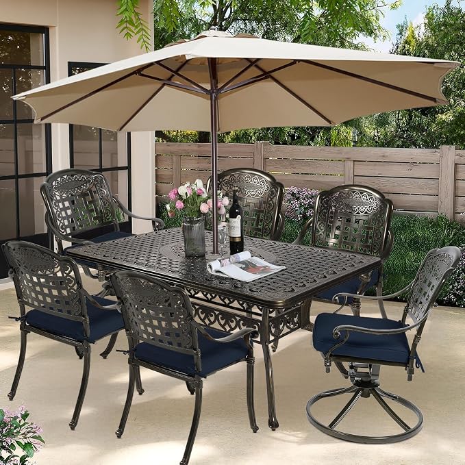 7-Piece Outdoor Patio Dining Set, 60” Rectangular Cast Aluminum Dining Table with Umbrella Hole and 4 Stationary, 2 Swivel Rocker Chairs, 6 Cushioned, Backyard, Patio, Garden, Navy