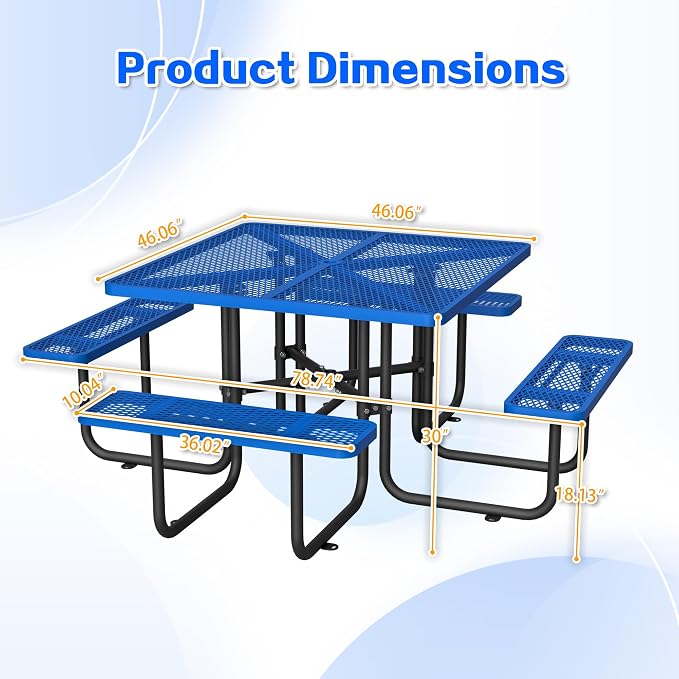 46" Iron Mesh Picnic Table with 1.73" Umbrella Hole Blue | Rust & Heat-Resistant, All-Season Use, Safe Arc Corners, Outdoor Square Metal Picnic Tables for Patio, Park or Backyard
