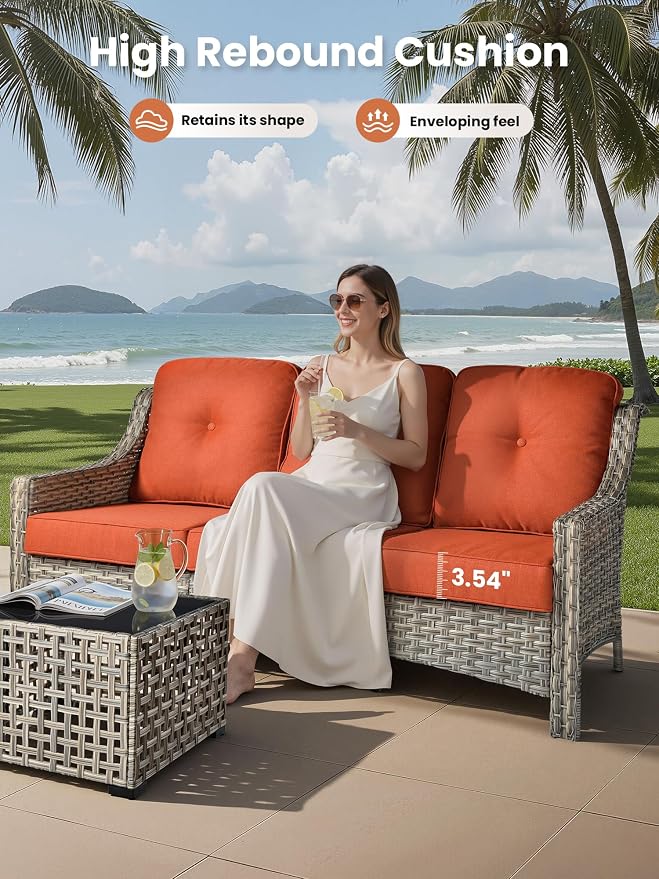 ovios 5 Piece Outdoor Patio Furniture with 3 Seat Sofa,Rattan Wicker Coversation Set with Swivel Rocking Chair,Balcony Sofa Set with Shiny Table for Outside Porch Backyard Pool, Orange