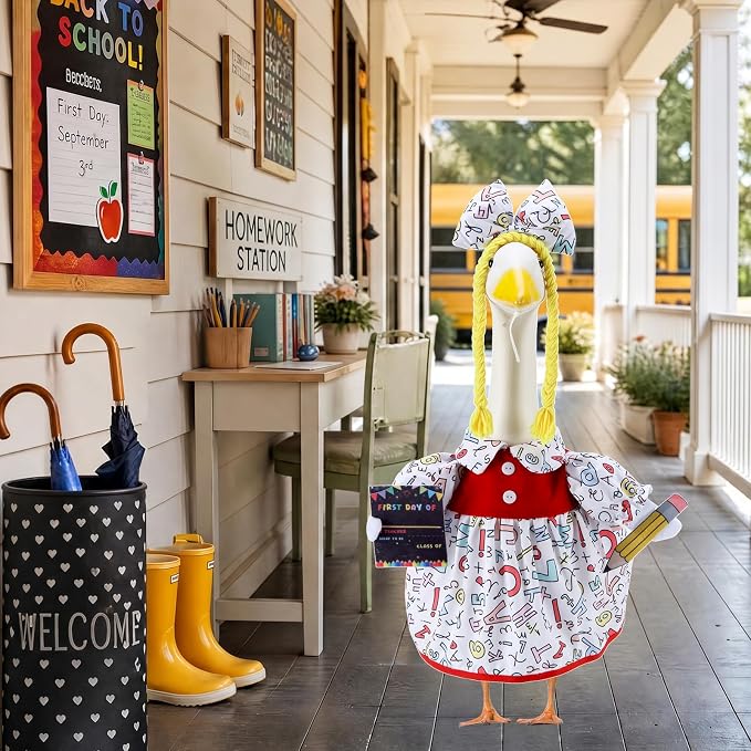 Back to School Porch Goose Outfits for 23 Inch Statue, First Day of School Costume for Cement Statue, Duck Sculpture Clothes for Classroom Patio Decoration