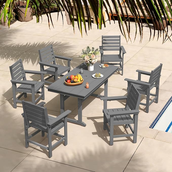 5 Piece Patio Dining Set, 66" Rectangle HDPS Weather Resistant Outdoor Table & 4 Patio Chairs Set with 1.96" Umbrella Hole, Heavy Duty Chairs for Backyard Balcony Deck, Grey