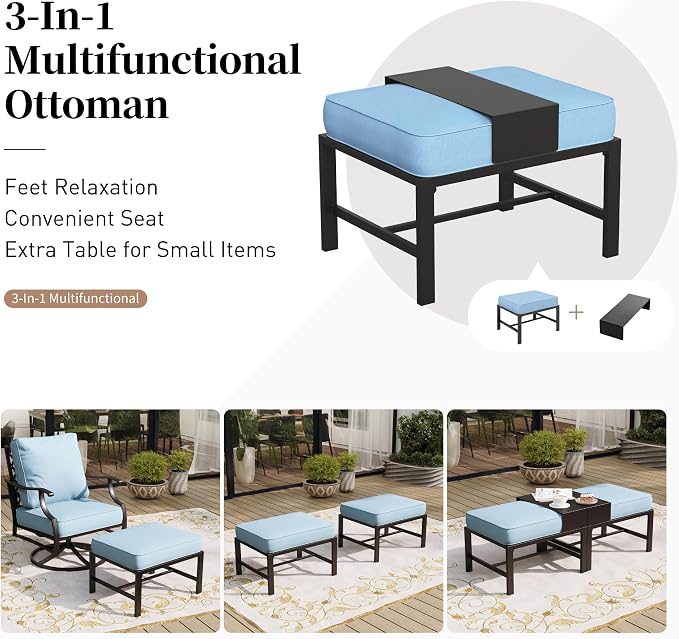 SUNSHINE VALLEY 5 Piece Metal Outdoor Patio Furniture Sets, Patio Conversation Sets 1 3-Seater Sofa, 2 Swivel Chairs, 2 Ottomans with 5.75" Thick Cushion, Black All-Weather Backyard Furniture, Blue