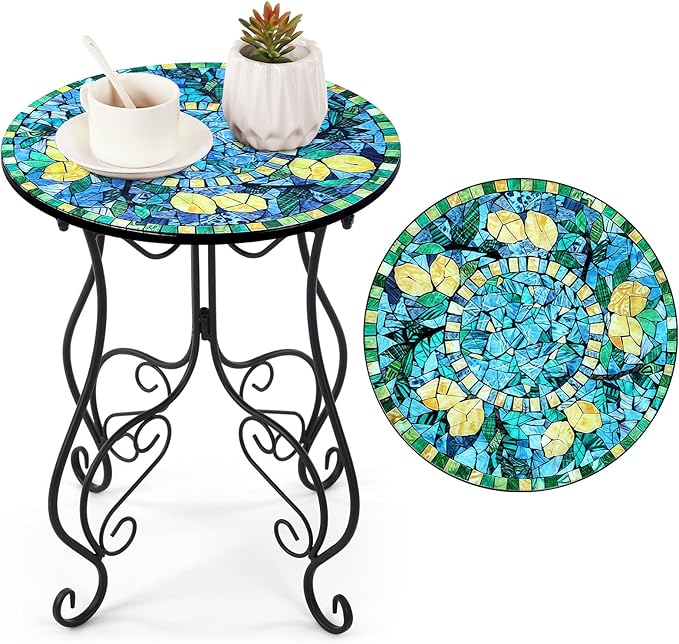 Geelin 14 Inch Lemon Small Outdoor Patio Side Table Lemon Round Mosaic Side Table Accent Indoor End Plant Metal Coffee Tea Furniture for Yard Porch Garden Living Room Bedroom