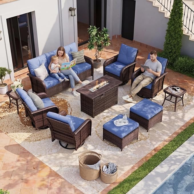 Aoxun 10-Piece Patio Furniture Set with 44'' Fire Pit Table, Luxury Outdoor Patio Furniture Set with 360° Swivel Chairs, Patio Conversation Set for Backyard, Poolside & Garden, Brown/Navy Blue