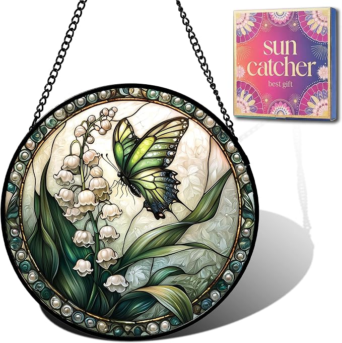 Butterfly Gifts for Mom - Lily of the Valley Faux Stained Glass Window Hanging Sun Catcher for Door Garden Acrylic Decor Mother's Day Christmas May Gift for Women Nana Grandma Sisters Wife 9.8"