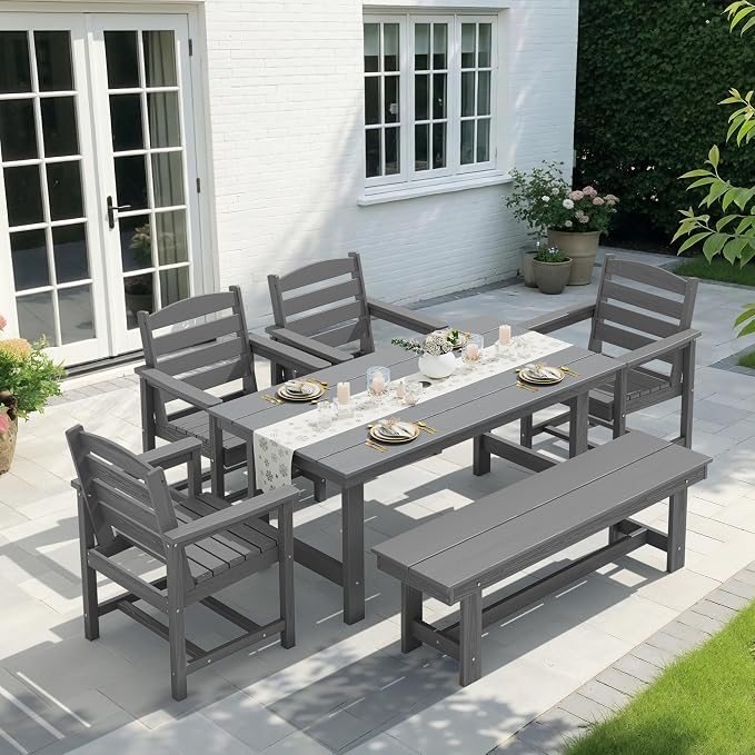 KINGYES 6-Piece Patio Dining Set, HDPE Outdoor Table and Chairs with Bench, Grey