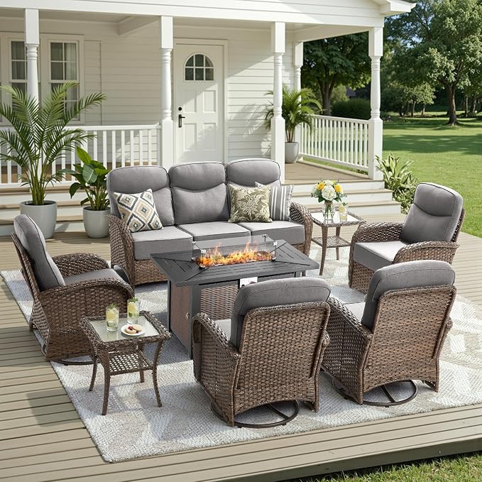 8 Pieces Luxury Patio Furniture Set with 42.5" Fire Pit Table, 6-Inch Thick Cushions Wicker Outdoor Furniture with Outdoor Rocking Chairs Set of 4, Outdoor Patio Conversation Set for Deck, Gray