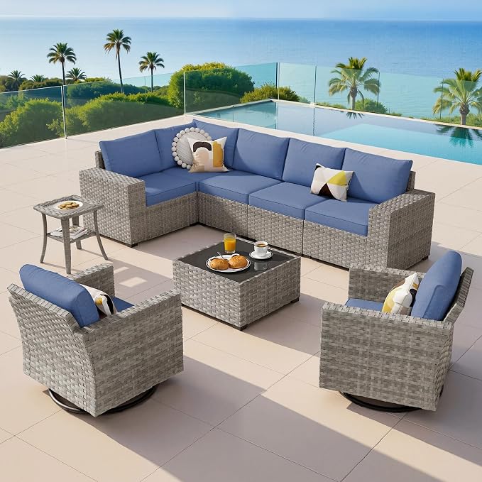 9-Piece Patio Furniture Set, Outdoor Wicker Furniture Sectional Set with Coffee Table, High Back Swivel Rocker Patio Chairs, Modern Rattan Outdoor Conversation Set for Porch, Balcony, Denim Blue