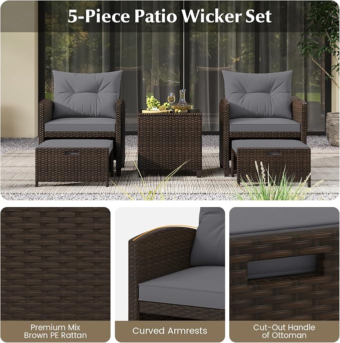 Tangkula 5 Pieces Patio Conversation Set, PE Wicker Rattan Outdoor Furniture Set with 2 Chairs, 2 Ottomans & Tempered Glass Coffee Table, Ideal for Poolside, Backyard, Lawn, Deck, Mix Brown & Grey