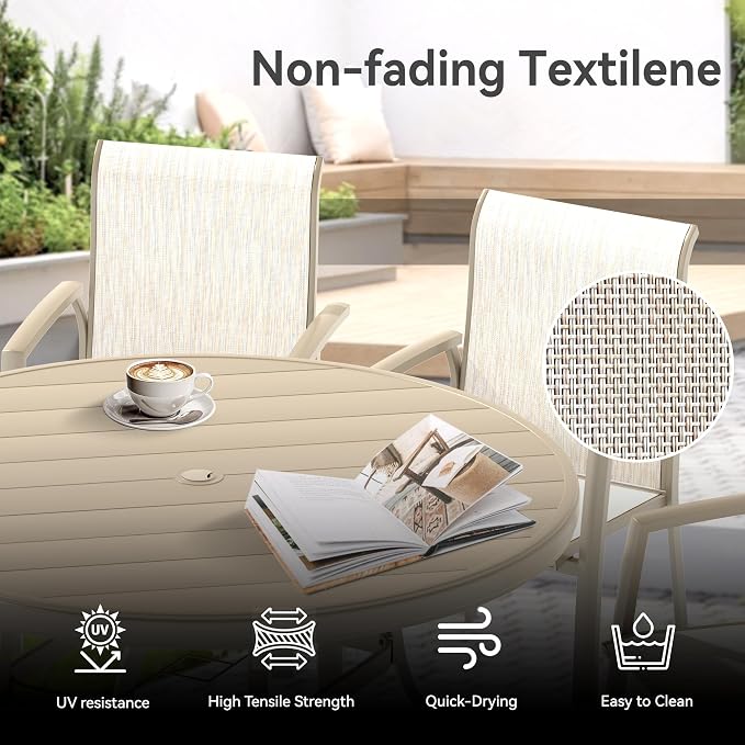 LUMISOL 7-Piece Outdoor Patio Dining Set, Patio Furniture Set with 4 Patio Stackable Dining Chairs and 40.6” Outdoor Metal Round Table, Sandstone