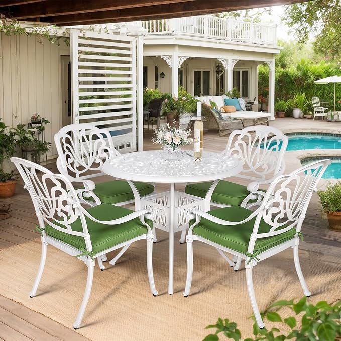 VIVIJASON 5-Piece Patio Furniture Dining Set, All-Weather White Cast Aluminum Outdoor Conversation Set, Include 4 Cushioned Chairs and a 35.4" Round Table w/Umbrella Hole for Balcony Lawn Garden