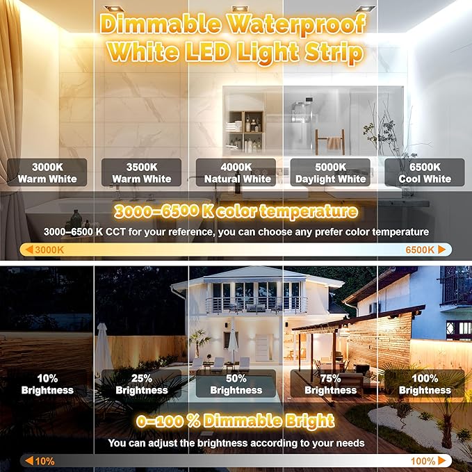 Outdoor LED Strip Lights Waterproof IP67, Dimmable 3000K-6500K Warm White LED Rope Lights Outdoor Waterproof with Remote & APP, 24v Adhesive Exterior Lighting for Patio, Deck, Gazebo (65.6FT/20M)