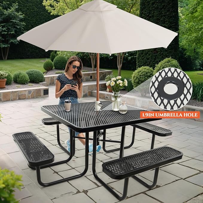 46IN Square Outdoor Picnic Table with Attached Seats, Heavy-Duty Metal Expanded Mesh Patio Table, 1600LBS Load Capacity Commercial-Grade Table for Park, Backyard, Deck, Black