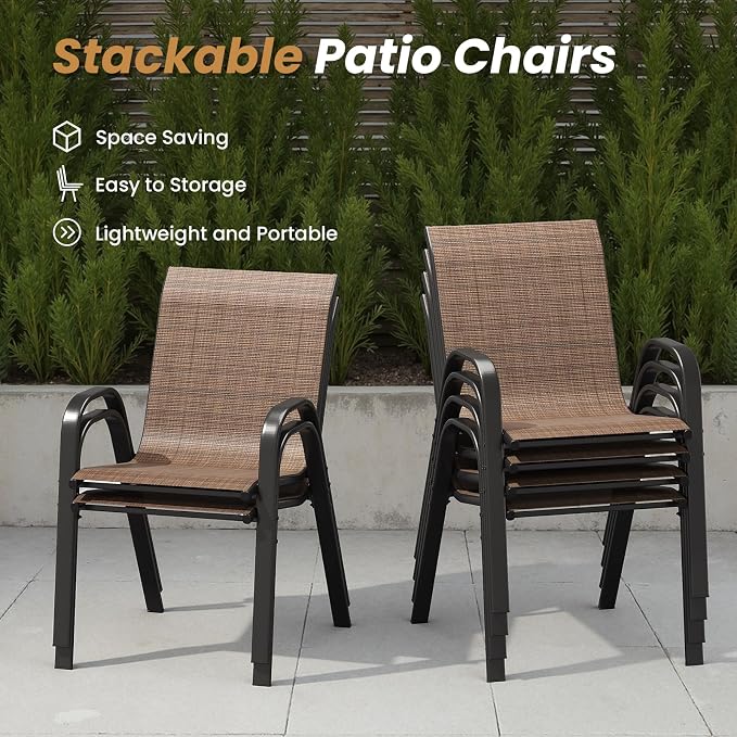 Soohow Patio Dining Set for 6, 7-piece Outdoor Dining Set 6 x Stackable Patio Chairs & 1 x Wood-Like Round Table with Umbrella Hole, All-Weather Outdoor Table and Chairs for Backyard, Balcony, Porch